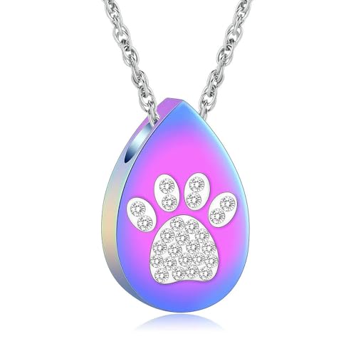 MYPOWER Urnen-Halskette mit Wassertropfen und Pfotenform, Kristallanhänger für Haustier-/Menschenasche, Edelstahl, Geschenk für Männer, Gedenk-Regenbogen von MYPOWER