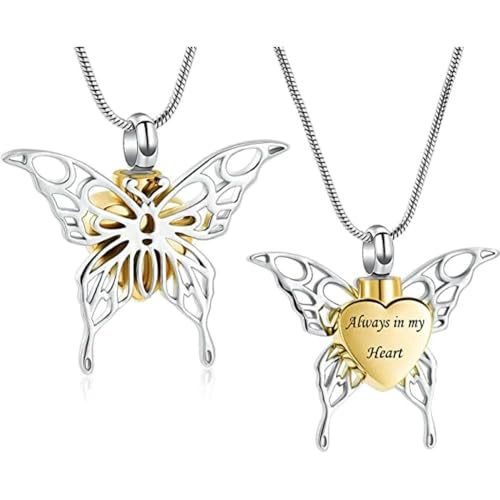 MYPOWER Urnen-Halskette mit hohlem Schmetterlingsanhänger für Asche, personalisierbar, Edelstahlschmuck „Always in My Heart“, Gold von MYPOWER