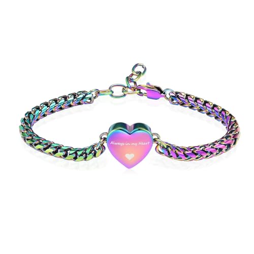 MYPOWER Urnenarmband in Herzform „Always In My Heart“, verstellbare Edelstahlkette für Haustier-/Menschenasche, Geschenk für Frauen, Feuerbestattungsschmuck, Regenbogen von MYPOWER