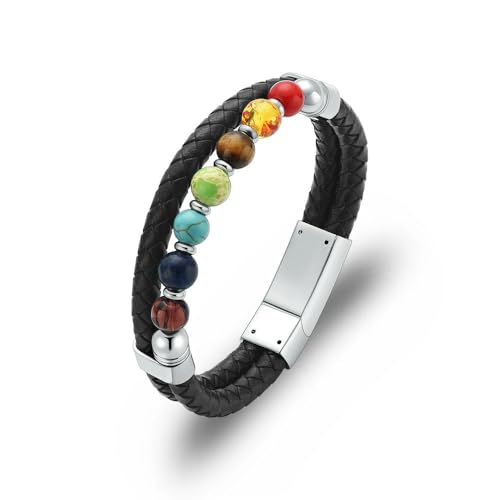 MYPOWER Urnenarmreif für Haustier-/Menschenasche, doppeltes Ledergeflecht, robust, mit 7 Perlen, Trauergeschenk für Mann und Junge, Einäscherungsarmband, A, 22 cm von MYPOWER