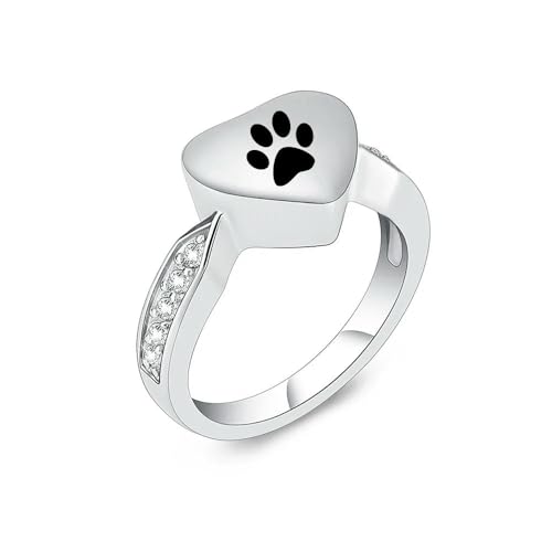 MYPOWER Urnenring mit Pfotenabdruck für Haustiere, Herz-Urnenring für Asche für Hunde-/Katzenasche, Andenkenhalter, Einäscherungsring, 7, schwarze Pfote von MYPOWER