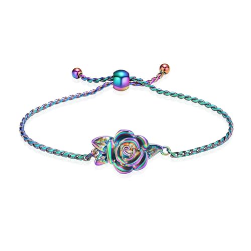 MYPOWER Verstellbares Feuerbestattungsarmband mit rosenförmiger Urne aus Edelstahl für Asche, Geschenk für Liebhaber, farbenfroher Gedenkschmuck, Regenbogen von MYPOWER