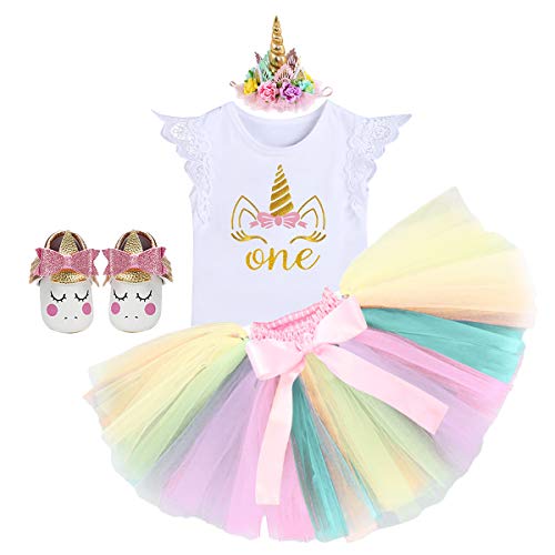 MYRISAM Baby Mädchen erster Geburtstag Kuchen Smash Einhorn Outfits Prinzessin Strampler Bodysuit Regenbogen Rock Einhorn Stirnband (Schuhe) Gr. 6-12 Monate, 001 Weiß – 4 Stück. von MYRISAM