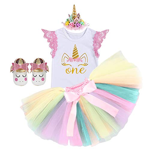 MYRISAM Baby Mädchen erster Geburtstag Kuchen Smash Einhorn Outfits Prinzessin Strampler Bodysuit Regenbogen Rock Einhorn Stirnband (Schuhe) Gr. 6-12 Monate, 005 Pink – 4 Stück. von MYRISAM