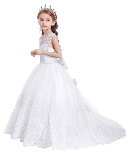 MYRISAM Blumenmädchen Kleid Hochzeit mit Appliques Mädchen Erstkommunikation Tüll Abendkleid Brautjungfer Kleider Partyskleid Karneval Festzug Geburtstag Cocktailkleid Weiß 8-9 von MYRISAM