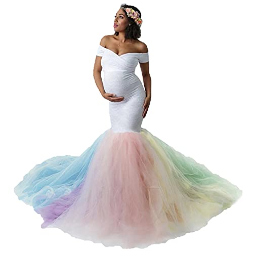 MYRISAM Schwangere Frauen weiße Spitze Regenbogen Tüll Umstandskleid Schulterfrei Sweetheart Meerjungfrau Fotoshooting Kleid mit Zug - Weiß - Groß von MYRISAM