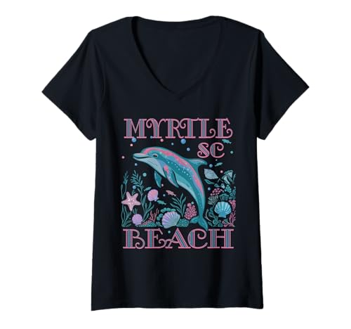 Damen MYRTLE BEACH SC, DELFINLIEBHABER, BUNTES STRAND-SOUVENIR T-Shirt mit V-Ausschnitt Damen MYRTLE BEACH SC, DELFINLIEBHABER, BUNTES STRAND-SOUVENIR T-Shirt mit V-Ausschnitt von MYRTLE BEACH SC DOLPHIN LOVER BEACH VACATION