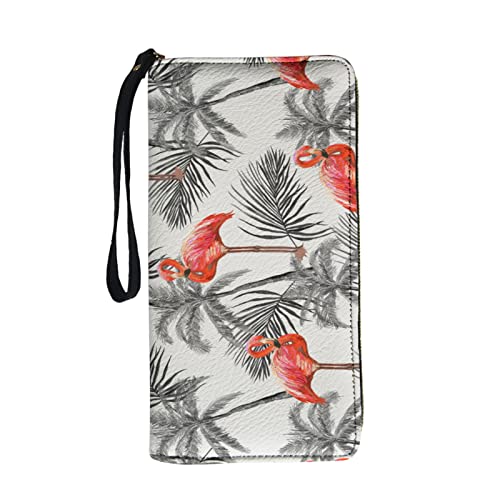 Lang Damen Geldbörse Tropischer Kokospalmen Flamingo Damen Portemonnaie PU-Leder Frauen Geldbeutel Große Kapazität Handy-Clutch Geldbörse mit Reißverschluss Multicolor Einheitsgröße von MYSLC