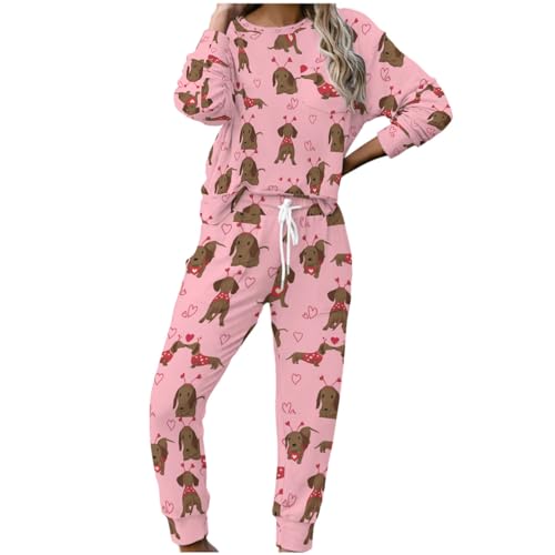 MYSLC Dackel Hunde Herzen Rosa Pyjama Set Jogginganzug Freizeitanzug Damen Frauen Schlafanzug Nachtwäsche Druck 2 Stück Set Sportanzug Sleepwear Lounge Tragen Anzug S von MYSLC