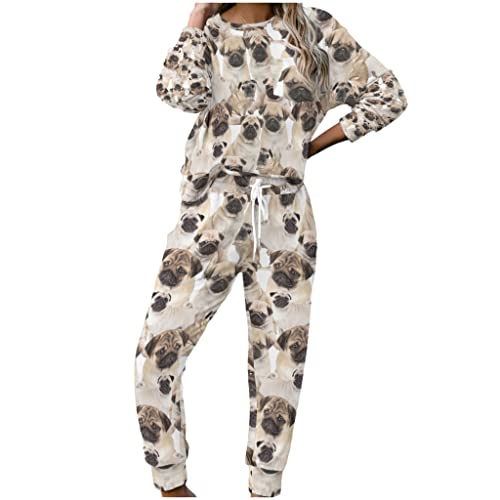 MYSLC Damen Pyjama Set Jogginganzug Hausanzüge Mops Hunde Frauen Schlafanzug Nachtwäsche Mode Zweiteilige Sportanzug Sweatshirt and Hose Hausanzug Freizeit Set White XL von MYSLC