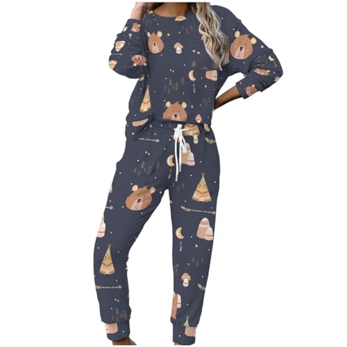 MYSLC Damen Pyjama Set Jogginganzug Hausanzüge Wald Bäume Berg Bär Frauen Nachtwäsche Schlafanzug Langarm 2 Stück Sportanzüge Sweatshirt and Hose Sport Yoga Outfit Multicolor L von MYSLC