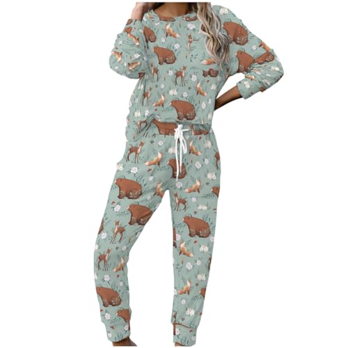 MYSLC Damen Pyjama Set Trainingsanzug Freizeitanzug Wald Bär Hirsch Fuchs Kaninchen Blumen Tiere Frauen Schlafanzug Nachtwäsche Langarm Zweiteilige Sportanzug Tracksuit Set für Sport Multicolor XXL von MYSLC