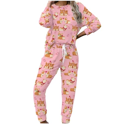 MYSLC Damen Pyjama Set Trainingsanzug Hausanzüge Cartoon Corgi Herzen Rosa Frauen Schlafanzug Nachtwäsche mit Tasche 2 Stücke Sportanzug Pullover und Hose für Sport und Freizeit Multicolor L von MYSLC