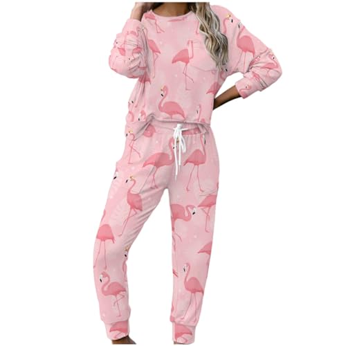 MYSLC Damen Pyjama Set Trainingsanzug Hausanzüge Flamingo Tiere Rosa Frauen Schlafanzug Nachtwäsche mit Tasche 2 Stück Set Sportanzug Tracksuit Set Sport Yoga Outfit Multicolor L von MYSLC