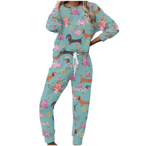 MYSLC Damen Pyjama Set Trainingsanzug Loungewear Dackel Cartoon Tiere Floral Hunde Frauen Nachtwäsche Schlafanzug Lang Zweiteiliger Sportanzug Tracksuit Set Sportswear Yoga Outfit Multicolor M von MYSLC