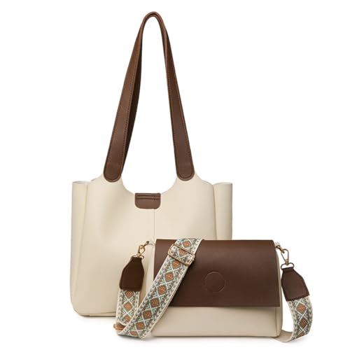 Damen-Hobo-Tragetasche aus PU-Leder + Schultertasche mit besticktem Schultergurt, Designer-Umhängetasche mit Farbblockierung, Weiss/opulenter Garten Damen-Hobo-Tragetasche aus PU-Leder + Schultertasche mit besticktem Schultergurt, Designer-Umhängetasche mit Farbblockierung, Weiss/opulenter Garten von MYSNKU
