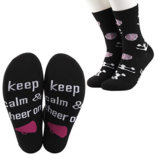 MYSOMY 2 Paar Keep Calm and Cheer On Socken Cheerleading Crew Socken Cheerleader Geschenke für Mädchen Lustige Cheer Team Geschenke, Socken mit Aufschrift "Keep Calm & Cheer On", 38 von MYSOMY