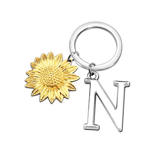 MYSOMY Sonnenblumen-Schlüsselanhänger mit Buchstaben-Charm, Initialen-Schlüsselanhänger, Sonnenblumen-Geschenke, A-Z, Initial-Geschenke, Sonnenblumen-Liebhaber., S, Metall, von MYSOMY