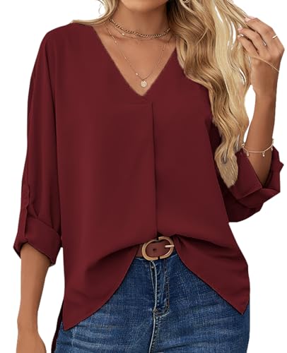 MYSSUCI Chiffon Damen Bluse 3/4 Ärmel V Ausschnitt Damen Oberteil Elegant Locker Shirt Tunika Tops von MYSSUCI