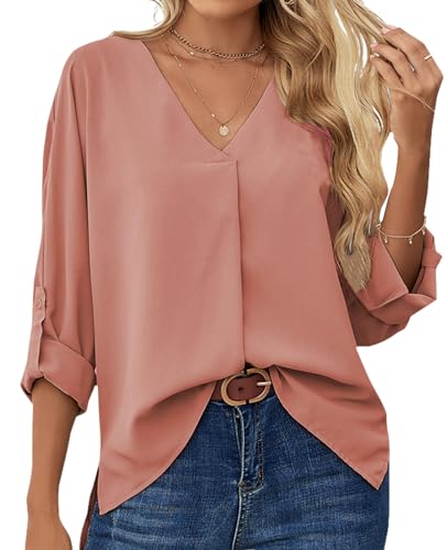 MYSSUCI Chiffon Damen Bluse 3/4 Ärmel V Ausschnitt Damen Oberteil Elegant Locker Shirt Tunika Tops von MYSSUCI