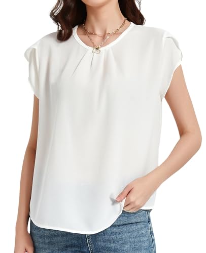 MYSSUCI Damen Sommer Bluse Kurzarm Elegant Tunika Shirt Oberteil Lässig Chiffon Tops (Weiß, 2XL) von MYSSUCI