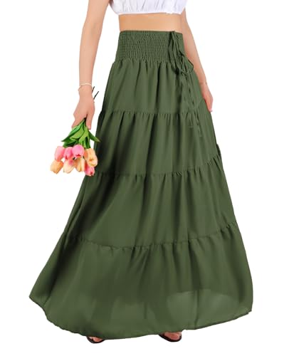 MYSSUCI Lang Rock Damen Sommer Chiffon Bohemian Maxirock Elastischer Sommerrock mit hoher Taille Einfarbig Strandkleid (Armeegrün, M) von MYSSUCI