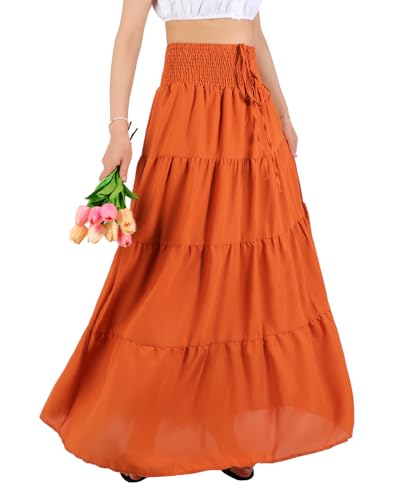 MYSSUCI Lang Rock Damen Sommer Chiffon Bohemian Maxirock Elastischer Sommerrock mit hoher Taille Einfarbig Strandkleid (Orange, XL) von MYSSUCI
