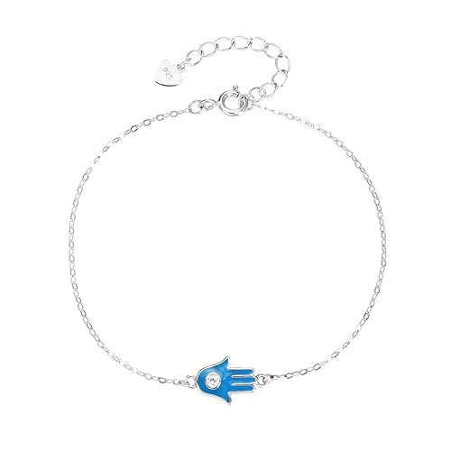 MYSTIC JEWELS - Armband Hand der Fatima (Hamsa) mit hellblauer Emaille und Zirkonia – 925er-Sterlingsilber – verstellbar 16 + 3 cm – minimalistisch und elegant, mit Geschenkbeutel, Einheitsgröße von MYSTIC JEWELS