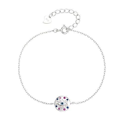 MYSTIC JEWELS Armband mit türkischem Auge aus 925er-Sterlingsilber mit rosa und blauen Zirkonias, runder Anhänger, 16 + 3 cm, minimalistischer Schmuck von MYSTIC JEWELS
