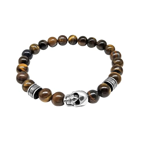MYSTIC JEWELS - Gothic Totenkopf Armband - elastisch 21 cm, Perlen 8 mm (Tigerauge/Onyx schwarz matt), Edelstahl, Einheitsgröße, Edelstahl, Kein Edelstein von MYSTIC JEWELS