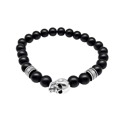 MYSTIC JEWELS - Gothic Totenkopf Armband - elastisch 21 cm, Perlen 8 mm (Tigerauge/Onyx schwarz matt), Edelstahl, Einheitsgröße, Edelstahl, Kein Edelstein von MYSTIC JEWELS