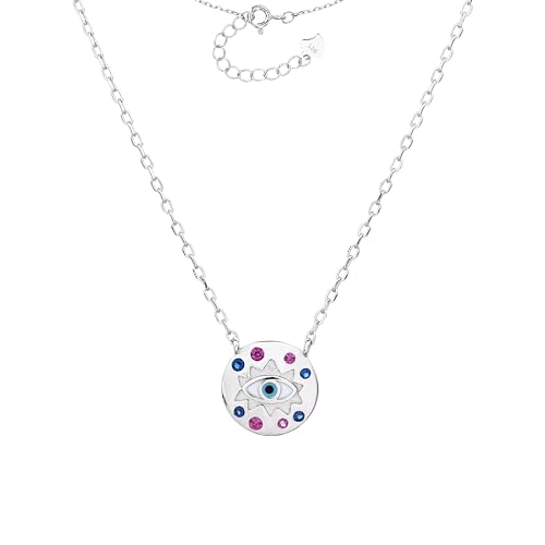 MYSTIC JEWELS Halskette mit türkischem Auge, Silber 925, mit rosa und blauen Zirkoniasteinen – runder Anhänger 1 cm – 42 + 3 cm – Minimalistischer Schmuck von MYSTIC JEWELS