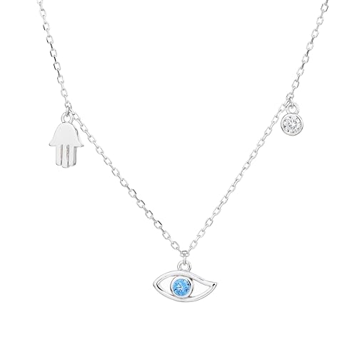 MYSTIC JEWELS Silberkette mit Anhänger der Hamsa Hand (Hamsa), türkischem Auge und kubischem Zirkonia – verstellbar mit Verlängerung – inklusive Geschenkbeutel, 40+4 cm, Silber, Kein Edelstein von MYSTIC JEWELS
