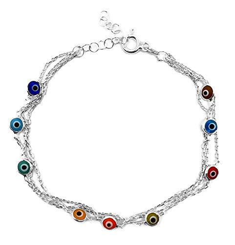 Mystic Jewels by Dalia 19 cm Armband aus Silber mit bösen Augen, dreifache Kette mit kleinen Augen, für Glück, Kristall… (Merhfarbig) von MYSTIC JEWELS