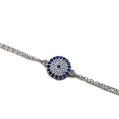 MYSTIC JEWELS by Dalia – Armband mit türkischem Auge – Zirkonia – doppelte Kette 16 – 18 cm verstellbar (Silber) von MYSTIC JEWELS
