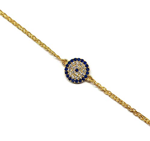 MYSTIC JEWELS By Dalia – Armband mit türkischem Auge – Zirkonia – doppelte Kette 16 – 18 cm verstellbar (Silber Goldfarben) von MYSTIC JEWELS