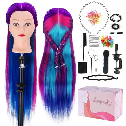Trainingskopf für Frisöre, Mysweety Frisierpuppe für Kinder Training 100% Synthetisches Haar Steigung Übungskopf mit Haargeflecht Zubehör & Klemme, Lila-Bla Frisierkopf Kinder 71cm #24 von MYSWEETY