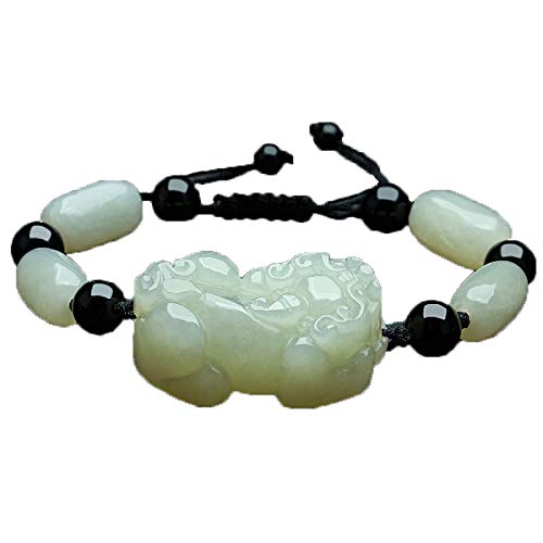 Perlenarmbänder, Natürliche Hetian Nephrit Weiße Jade Pixiu Armband Tapferen Truppen Obsidian Achat Perle DIY Resizable Armbänder Männer Frauen Schmuck von MYXJX