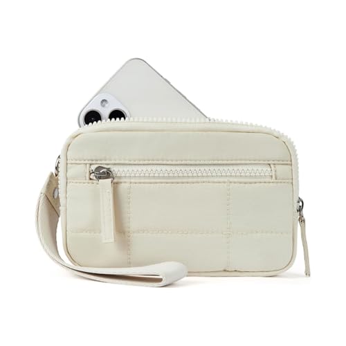 MYZCYBFC Damen-Geldbörse mit Armband, Gesteppte Geldbörse aus Nylon, Reisekartenhalter mit Armband, Handyhalter mit Mehreren Fächern und Reißverschluss, (Beige) von MYZCYBFC