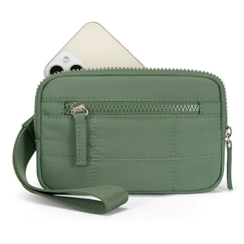 MYZCYBFC Damen-Geldbörse mit Armband, Gesteppte Geldbörse aus Nylon, Reisekartenhalter mit Armband, Handyhalter mit Mehreren Fächern und Reißverschluss, (Green) von MYZCYBFC