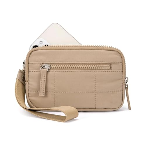 MYZCYBFC Damen-Geldbörse mit Armband, Gesteppte Geldbörse aus Nylon, Reisekartenhalter mit Armband, Handyhalter mit Mehreren Fächern und Reißverschluss, (Khaki) von MYZCYBFC