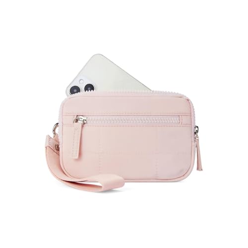 MYZCYBFC Damen-Geldbörse mit Armband, Gesteppte Geldbörse aus Nylon, Reisekartenhalter mit Armband, Handyhalter mit Mehreren Fächern und Reißverschluss, (Pink) von MYZCYBFC