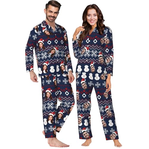 MYZQIFF Personalisierter Foto-Pyjama mit lustigem Gesicht für die Familie, Kariertes Pyjama Set, passende Weihnachts-Langarm-Pyjama-Sets für Paare, lustige Geschenke für Damen und Herren von MYZQIFF