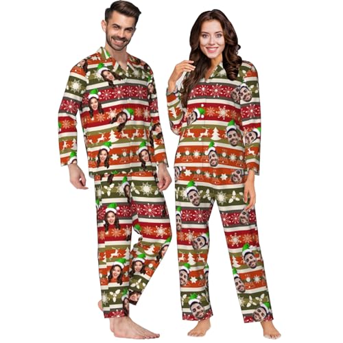 MYZQIFF Personalisierter Foto-Pyjama mit lustigem Gesicht für die Familie, Kariertes Pyjama Set, passende Weihnachts-Langarm-Pyjama-Sets für Paare, lustige Geschenke für Damen und Herren von MYZQIFF