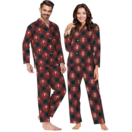 MYZQIFF Personalisierter Foto-Pyjama mit lustigem Gesicht für die Familie, Kariertes Pyjama-Set, passende Weihnachts-Langarm-Pyjama-Sets für Paare, lustige Geschenke für Damen und Herren von MYZQIFF