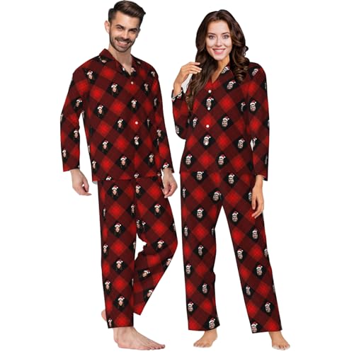 MYZQIFF Personalisierter Foto-Pyjama mit lustigem Gesicht für die Familie, Kariertes Pyjama-Set, passende Weihnachts-Langarm-Pyjama-Sets für Paare, lustige Geschenke für Damen und Herren von MYZQIFF