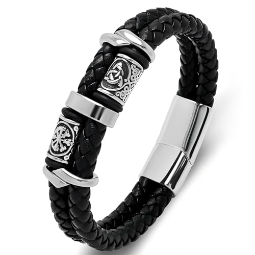 MYZTTZR Double black,185mm, Wikinger Rostfreie Stähle Leder Armband Herren, Zweifarbiger Geflochtener Schmuck mit Magnet Verschluss Armbänder für Frauen von MYZTTZR