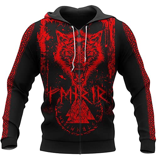 MYZTTZR Fenrir Valknut Zipper,5XL, Wikinger Odin Pullover mit Kapuze, 3D Gedruckt Frühling Herbst Lange Ärmel Lässig Walhalla Jacke(USA Größe) von MYZTTZR