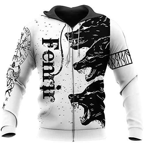 MYZTTZR Fenrir Wolf Zipper,L, Wikinger Odin Pullover mit Kapuze, 3D Gedruckt Frühling Herbst Lange Ärmel Lässig Walhalla Jacke(USA Größe) von MYZTTZR