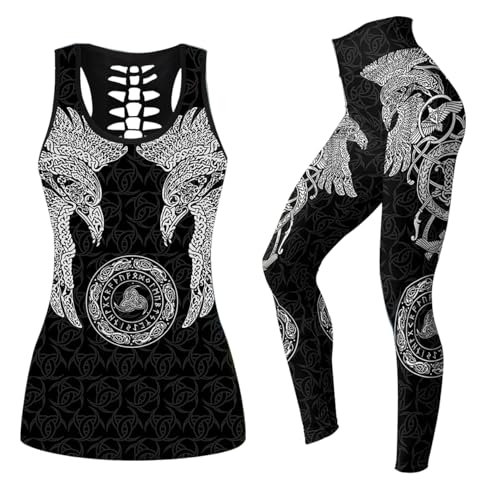 MYZTTZR Hugin munin set,S, Damen Wikinger Tank Tops Leggings Totenkopf Yoga Outfits 3D-Druck Nordische Mythologie Polyester Workout Activewear von MYZTTZR